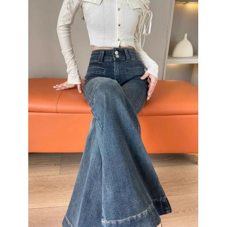 FA52087# 韩版复古高腰阔腿牛仔裤女春季新款宽松显瘦直筒喇叭拖地裤  服裝批發女裝批發服飾貨源