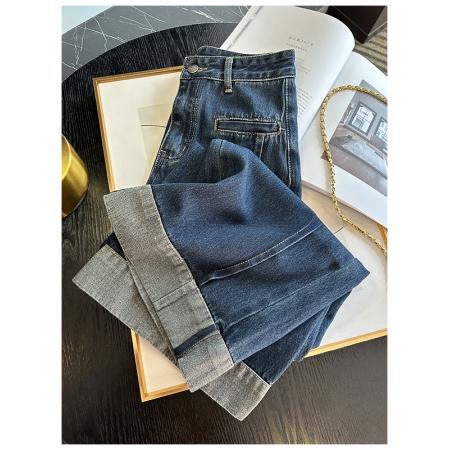 FA52088# 直筒卷边大码牛仔裤女秋新款胖mm显瘦百搭时尚遮胯九分阔腿裤  服裝批發女裝批發服飾貨源