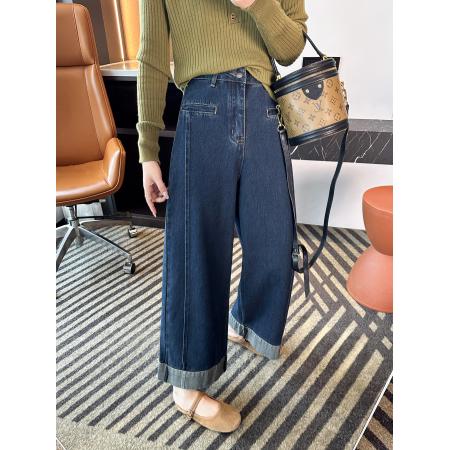 FA52088# 直筒卷边大码牛仔裤女秋新款胖mm显瘦百搭时尚遮胯九分阔腿裤  服裝批發女裝批發服飾貨源