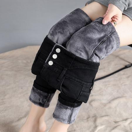 FA52090# 秋冬加绒高腰弹力多扣小脚牛仔裤女修身提臀显瘦百搭热裤九分长裤  服裝批發女裝批發服飾貨源