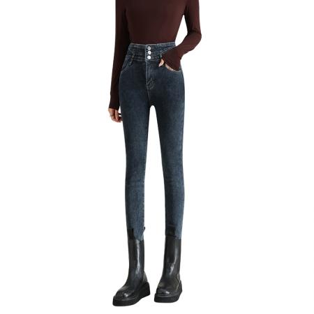 FA52090# 秋冬加绒高腰弹力多扣小脚牛仔裤女修身提臀显瘦百搭热裤九分长裤  服裝批發女裝批發服飾貨源