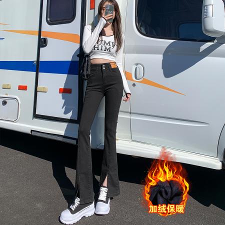 FA52091# 开叉微喇牛仔裤女秋冬季新款高腰修身显瘦小个子喇叭裤子女  服裝批發女裝批發服飾貨源
