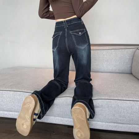 FA52093# 复古高腰微喇阔腿牛仔裤女秋冬季遮肉显瘦窄版宽松百搭垂感拖地裤  服裝批發女裝批發服飾貨源