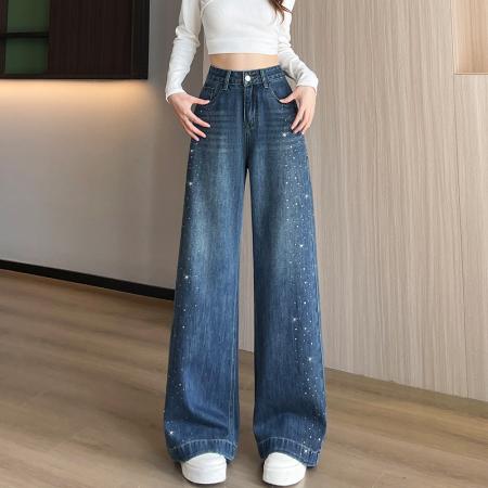 FA52094# 重工烫钻阔腿牛仔裤女长裤春秋季新款洋气显瘦百搭直筒拖地长裤子  服裝批發女裝批發服飾貨源