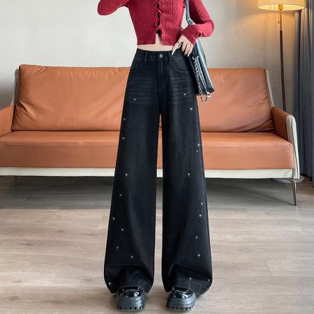 FA52094# 重工烫钻阔腿牛仔裤女长裤春秋季新款洋气显瘦百搭直筒拖地长裤子  服裝批發女裝批發服飾貨源