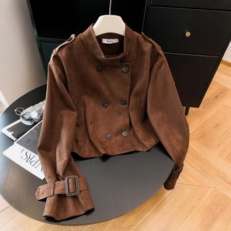 FA52095# 复古鹿皮绒经典款双排扣夹克小个子高级感机车短外套  服裝批發女裝批發服飾貨源