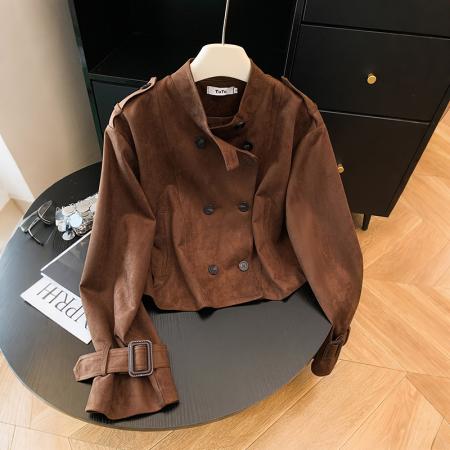 FA52095# 复古鹿皮绒经典款双排扣夹克小个子高级感机车短外套  服裝批發女裝批發服飾貨源