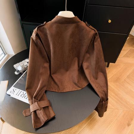 FA52095# 复古鹿皮绒经典款双排扣夹克小个子高级感机车短外套  服裝批發女裝批發服飾貨源