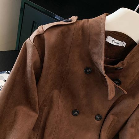 FA52095# 复古鹿皮绒经典款双排扣夹克小个子高级感机车短外套  服裝批發女裝批發服飾貨源