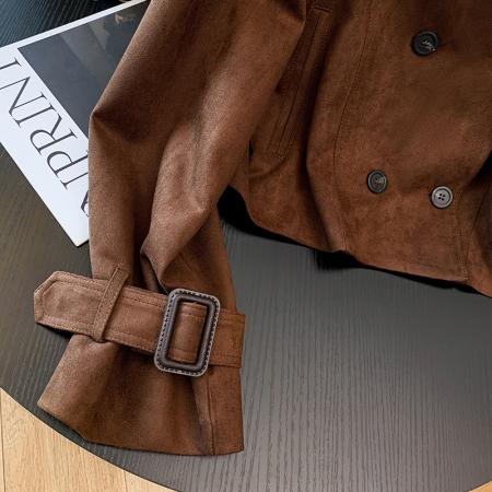 FA52095# 复古鹿皮绒经典款双排扣夹克小个子高级感机车短外套  服裝批發女裝批發服飾貨源