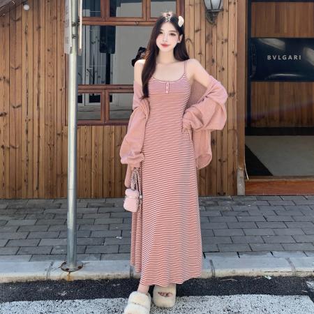FA52101# 大码女装胖mm甜美纯欲温柔风条纹粉色吊带显瘦减龄两件套  服裝批發女裝批發服飾貨源