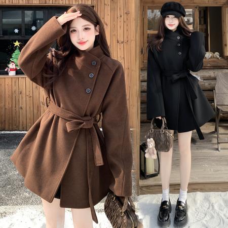 大码女装胖mm高级感立领毛呢外套宽松时尚短款系带大衣  服裝批發女裝批發服飾貨源