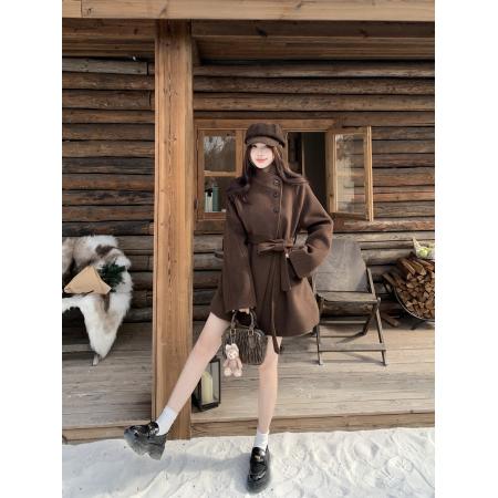 FA52102# 大码女装胖mm高级感立领毛呢外套宽松时尚短款系带大衣  服裝批發女裝批發服飾貨源