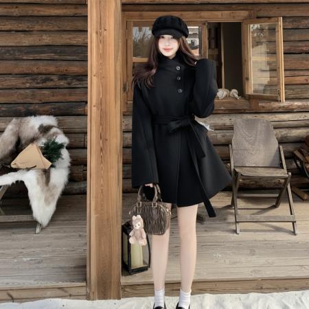 FA52102# 大码女装胖mm高级感立领毛呢外套宽松时尚短款系带大衣  服裝批發女裝批發服飾貨源