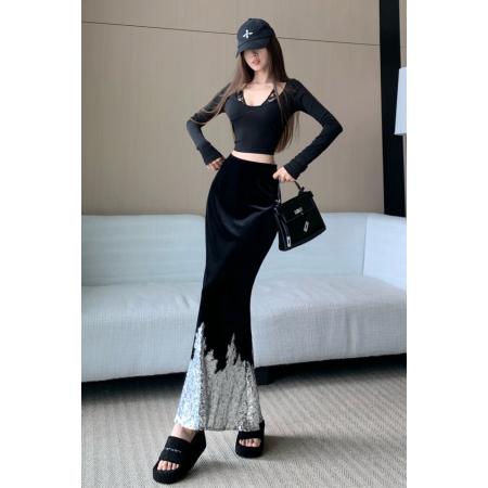 FA52103# 丝绒拼接亮片半身裙女设计感秋冬新款高级感轻奢法式名媛长裙  服裝批發女裝批發服飾貨源