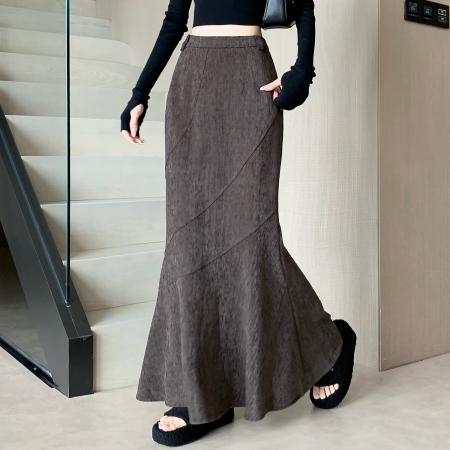 FA52104# 咖灰色半身裙女秋冬新款加厚高腰修身显瘦时尚不规则鱼尾裙子  服裝批發女裝批發服飾貨源