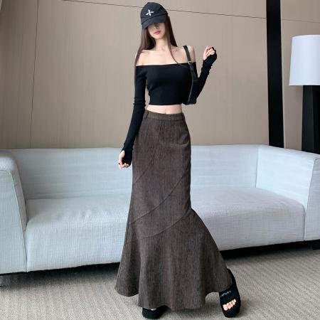 FA52104# 咖灰色半身裙女秋冬新款加厚高腰修身显瘦时尚不规则鱼尾裙子  服裝批發女裝批發服飾貨源