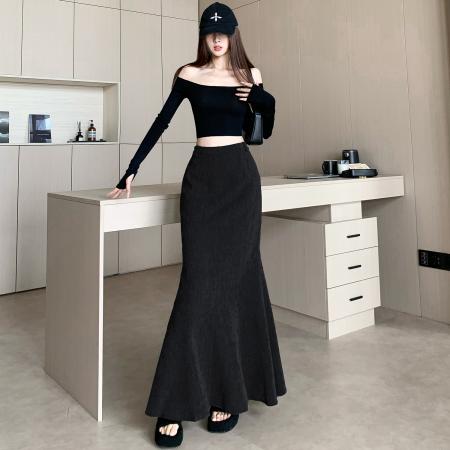 FA52104# 咖灰色半身裙女秋冬新款加厚高腰修身显瘦时尚不规则鱼尾裙子  服裝批發女裝批發服飾貨源