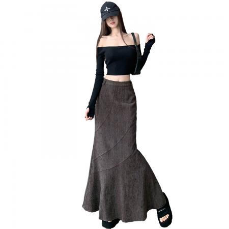 FA52104# 咖灰色半身裙女秋冬新款加厚高腰修身显瘦时尚不规则鱼尾裙子  服裝批發女裝批發服飾貨源