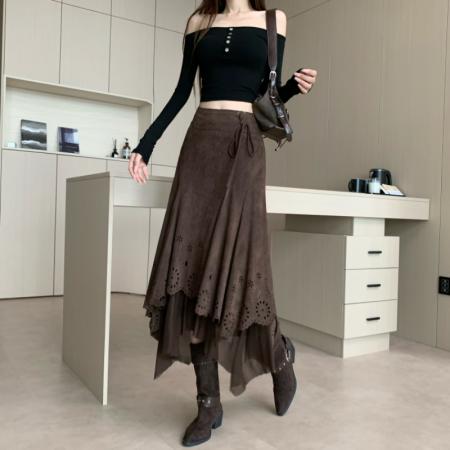 FA52105# 棕色激光雕花麂皮绒半身裙女秋冬美拉德废土风不规则拼接绑带长裙  服裝批發女裝批發服飾貨源