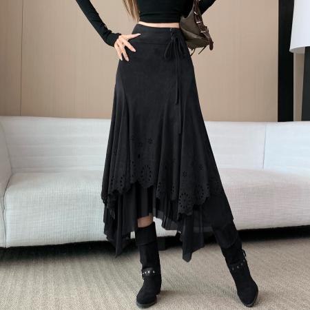 FA52105# 棕色激光雕花麂皮绒半身裙女秋冬美拉德废土风不规则拼接绑带长裙  服裝批發女裝批發服飾貨源