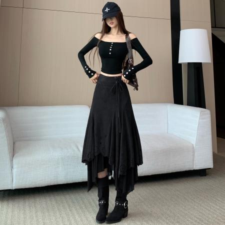 FA52105# 棕色激光雕花麂皮绒半身裙女秋冬美拉德废土风不规则拼接绑带长裙  服裝批發女裝批發服飾貨源