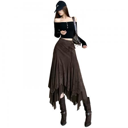 FA52105# 棕色激光雕花麂皮绒半身裙女秋冬美拉德废土风不规则拼接绑带长裙  服裝批發女裝批發服飾貨源