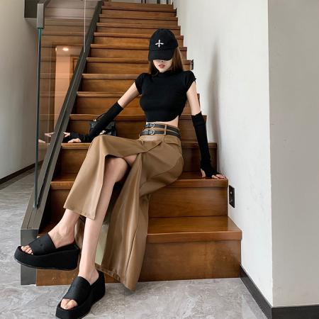 FA52106# 秋季新款开叉皮裙女高腰长款A字半身裙韩版百搭气质长裙百搭潮  服裝批發女裝批發服飾貨源