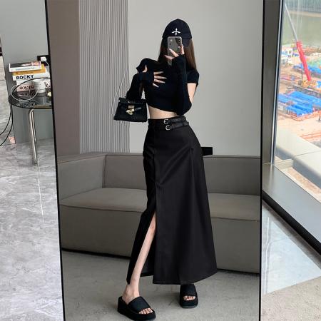 FA52106# 秋季新款开叉皮裙女高腰长款A字半身裙韩版百搭气质长裙百搭潮  服裝批發女裝批發服飾貨源