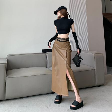 FA52106# 秋季新款开叉皮裙女高腰长款A字半身裙韩版百搭气质长裙百搭潮  服裝批發女裝批發服飾貨源