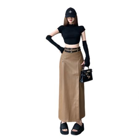 FA52106# 秋季新款开叉皮裙女高腰长款A字半身裙韩版百搭气质长裙百搭潮  服裝批發女裝批發服飾貨源