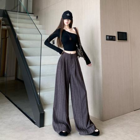 FA52107# 简约气质日常通勤高品质条纹阔腿西裤女装秋季高腰显瘦时尚长裤  服裝批發女裝批發服飾貨源