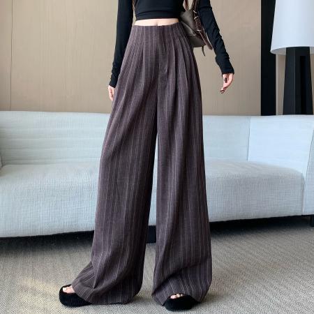 FA52107# 简约气质日常通勤高品质条纹阔腿西裤女装秋季高腰显瘦时尚长裤  服裝批發女裝批發服飾貨源