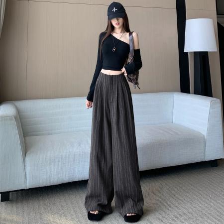 FA52107# 简约气质日常通勤高品质条纹阔腿西裤女装秋季高腰显瘦时尚长裤  服裝批發女裝批發服飾貨源