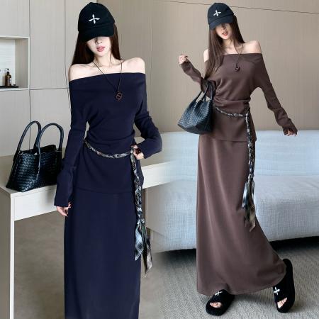 FA52108# 高级感一字肩套装女秋季收腰显瘦一字领上衣a字半身裙两件套  服裝批發女裝批發服飾貨源