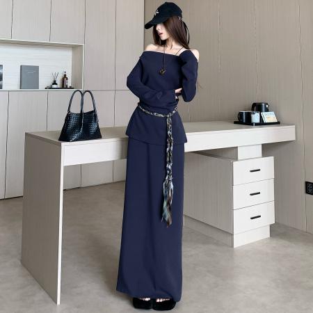 FA52108# 高级感一字肩套装女秋季收腰显瘦一字领上衣a字半身裙两件套  服裝批發女裝批發服飾貨源