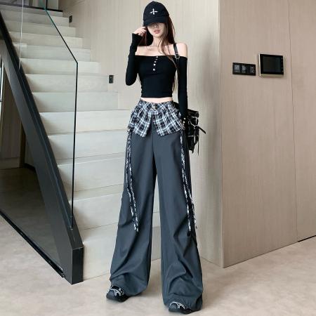 FA52109# 黑色阔腿裤女超火秋装新款bf慵懒风工装裤高个子潮学生休闲裤  服裝批發女裝批發服飾貨源