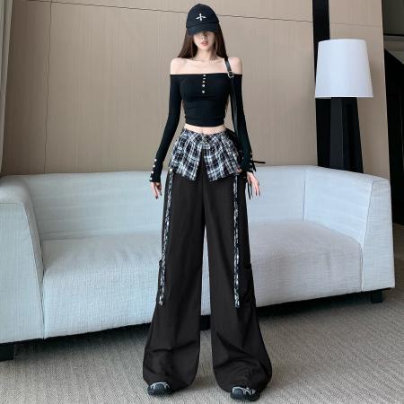 FA52109# 黑色阔腿裤女超火秋装新款bf慵懒风工装裤高个子潮学生休闲裤  服裝批發女裝批發服飾貨源