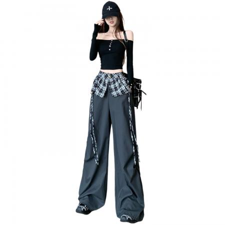 FA52109# 黑色阔腿裤女超火秋装新款bf慵懒风工装裤高个子潮学生休闲裤  服裝批發女裝批發服飾貨源