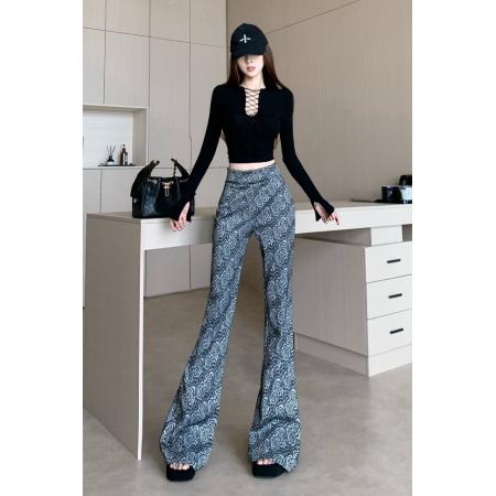 FA52110# 高腰翻边设计感复古玫瑰花微喇叭裤女早秋新款休闲长裤  服裝批發女裝批發服飾貨源