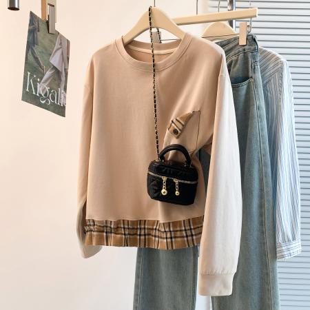 FA52111# 秋冬新款设计感洋气减龄格子拼接T恤宽松休闲百搭韩版卫衣女  服裝批發女裝批發服飾貨源