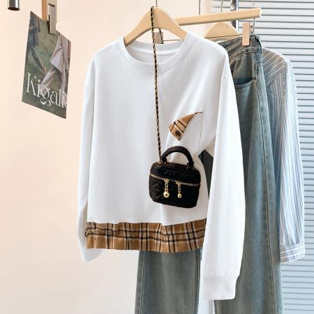 FA52111# 秋冬新款设计感洋气减龄格子拼接T恤宽松休闲百搭韩版卫衣女  服裝批發女裝批發服飾貨源