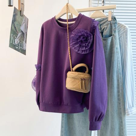 FA52112# 秋冬新款洋气减龄设计感重工花边个性潮流T恤气质百搭卫衣女  服裝批發女裝批發服飾貨源