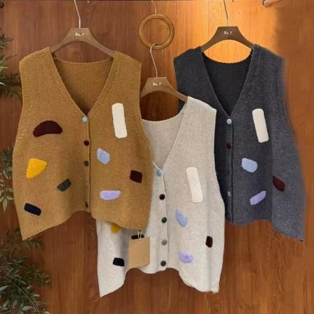 FA52113# 小众百搭上衣减龄甜美慵懒叠穿马甲宽松百搭针织毛衣背心复古开衫  服裝批發女裝批發服飾貨源