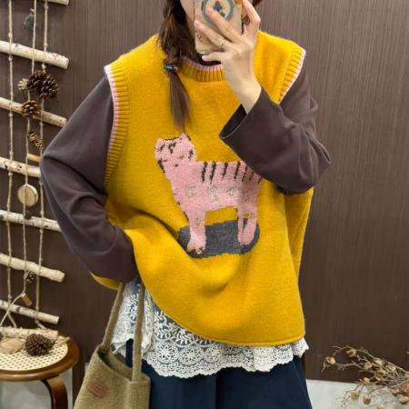 FA52114# 冬上新森系可爱猫咪慵懒显瘦百搭叠穿背心百搭针织马甲大码女装  服裝批發女裝批發服飾貨源