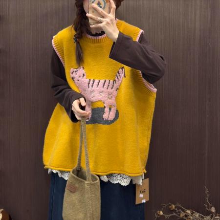 FA52114# 冬上新森系可爱猫咪慵懒显瘦百搭叠穿背心百搭针织马甲大码女装  服裝批發女裝批發服飾貨源