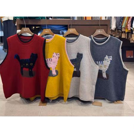 FA52114# 冬上新森系可爱猫咪慵懒显瘦百搭叠穿背心百搭针织马甲大码女装  服裝批發女裝批發服飾貨源