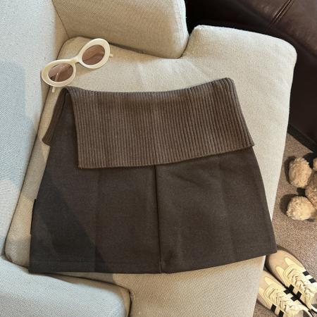 FA52115# 假两件针织拼接毛呢半身裙女高腰修身显瘦防走光短裙  服裝批發女裝批發服飾貨源