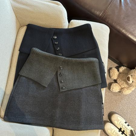 FA52115# 假两件针织拼接毛呢半身裙女高腰修身显瘦防走光短裙  服裝批發女裝批發服飾貨源