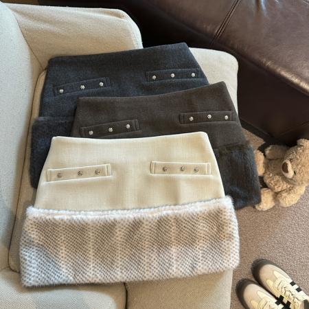 FA52116# 重工毛毛拼接毛呢高腰显瘦半身裙防走光短裙包臀裙a字裙女  服裝批發女裝批發服飾貨源